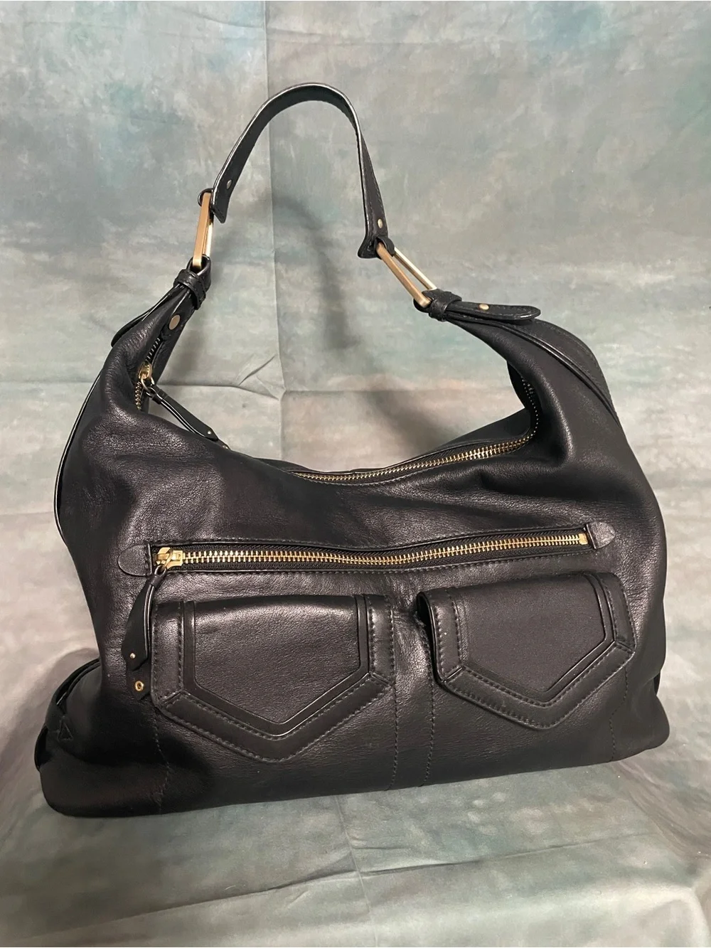 Cole Haan Black Leather Hobo Bag with Gold Hardware